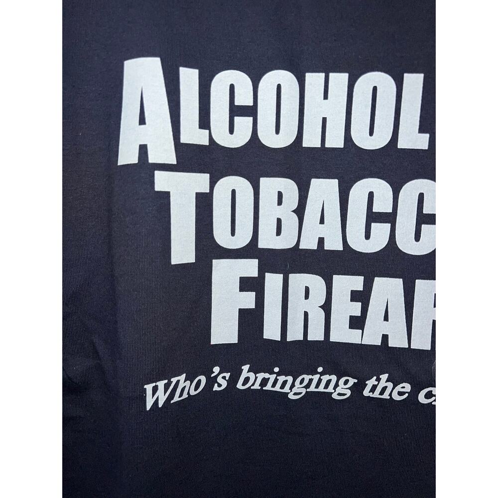 Y2K ATF Alcohol Tobacco Firearms Dark Blue Graphic Humor Joke Shirt S Small - Picture 3 of 9
